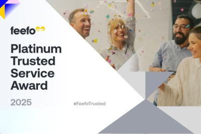 People celebrating in the background with Feefo's logo and the words - Platinum Trusted Service Award 2025! 