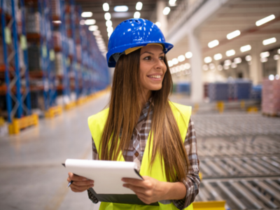 A person in a hard hat holding a tablet in a warehouse