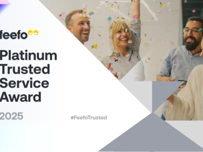 People celebrating in the background with Feefo's logo and the words - Platinum Trusted Service Award 2025! 