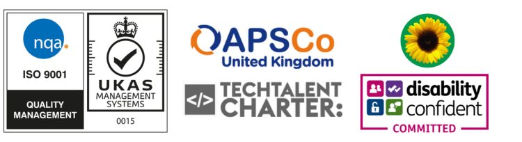 Footer Logos are - UKAS ISO9001:2015 accredited, APSCo logo, Tech Talent Charter logo, Disability Confident Committed, Hidden Disabilities Sunflower.